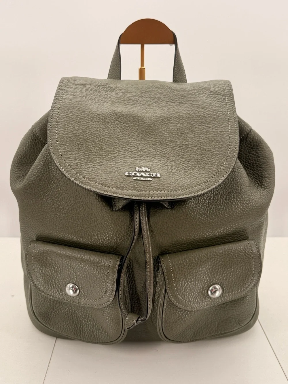 COACH Pebbled Leather Pennie Drawstring Backpack Olive Green